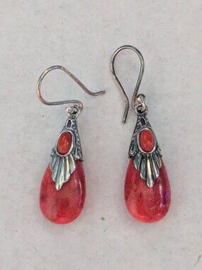 FD Felicia Design 925 Sterling Silver Coral Tear Drop Dangle Pierced Earrings